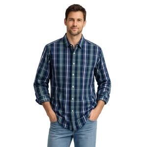 LR2216 Dockers The Stain Defender Shirt Men’s S/P Blue Green Plaid Button Front
